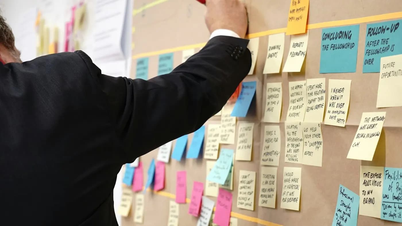 Person placing sticky notes on a planning board