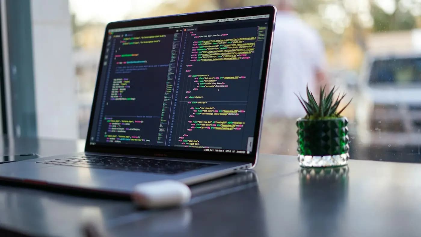 Laptop with code and a plant on a desk