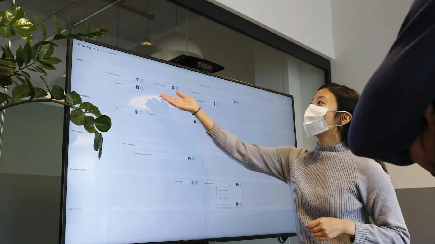 Presenter pointing at a large display