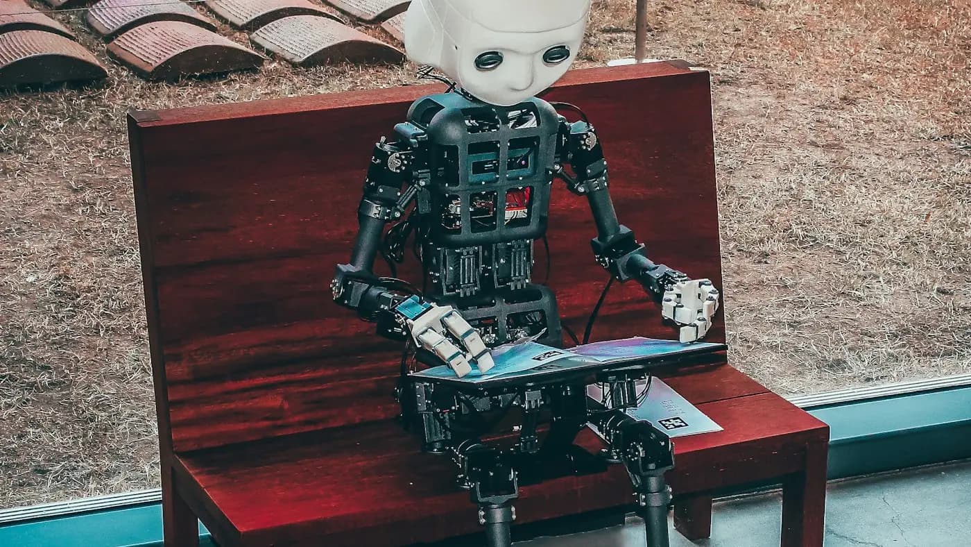 Small robot sitting on a bench in a city street