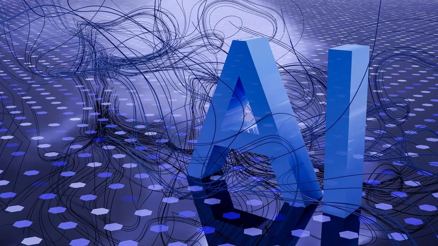 Large blue letters spelling AI over a dark abstract background