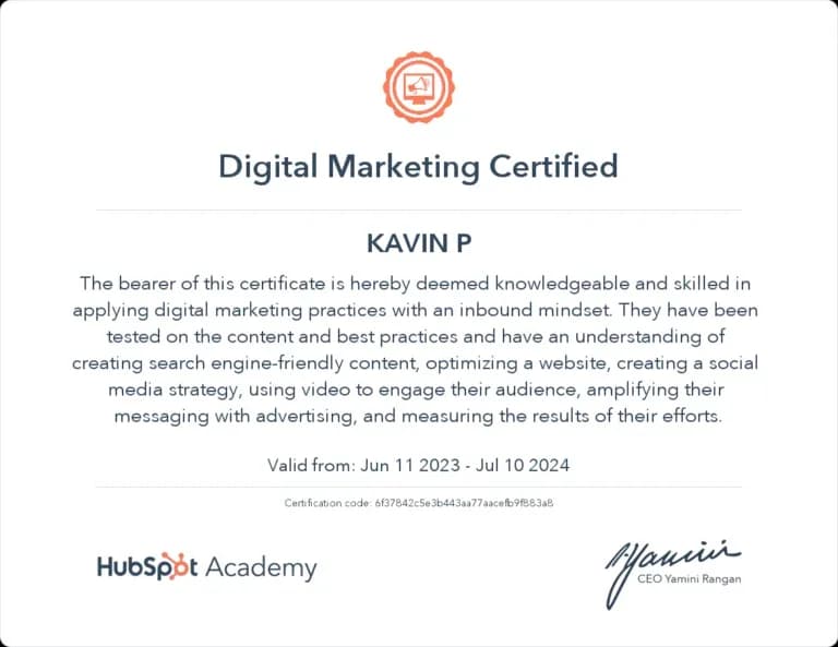 Certificate: Digital Marketing Certified, HubSpot Academy