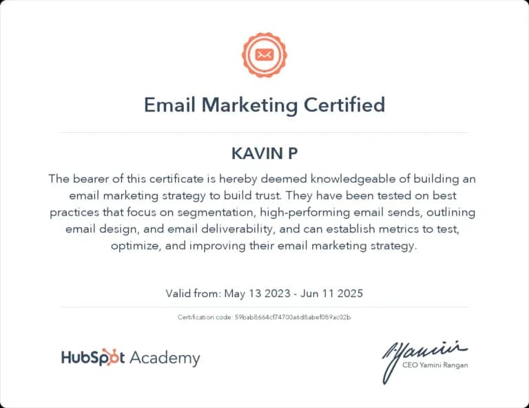 Certificate: Email Marketing Certified, HubSpot Academy