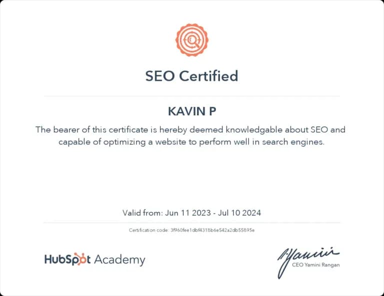 Certificate: SEO Certified, HubSpot Academy
