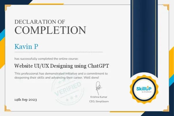 Certificate: Website UI/UX Designing using ChatGPT, Simplilearn SkillUP