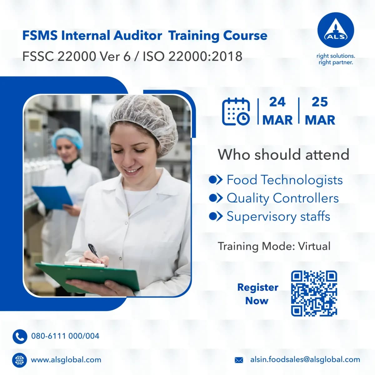 ALS India post: FSMS Internal Auditor Training Course with a lab photo and dates
