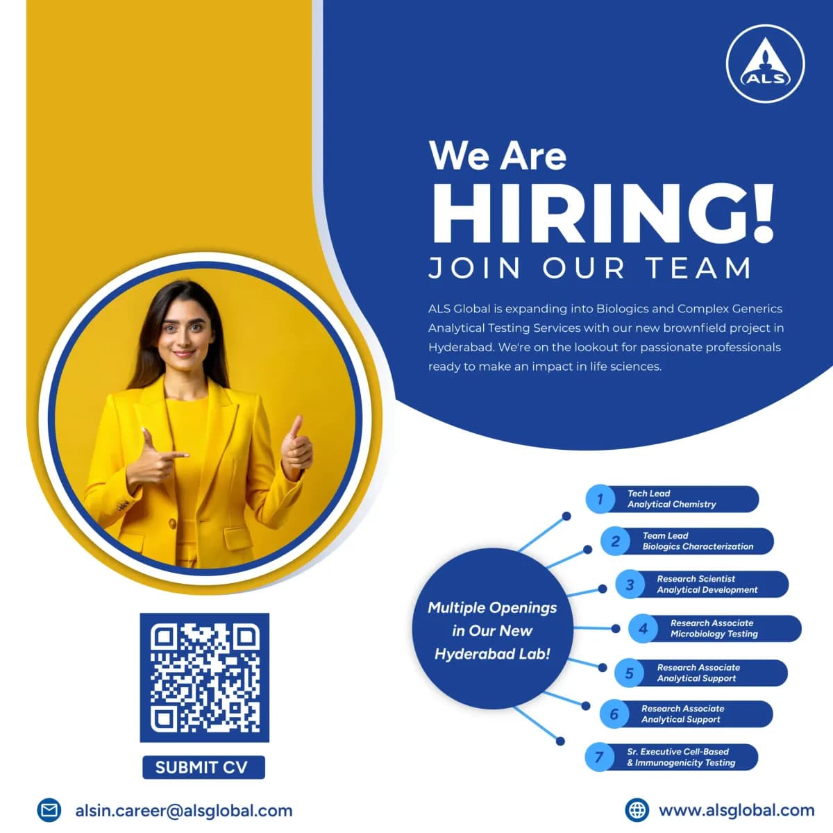 ALS India post: We Are Hiring, Join Our Team, with a QR code