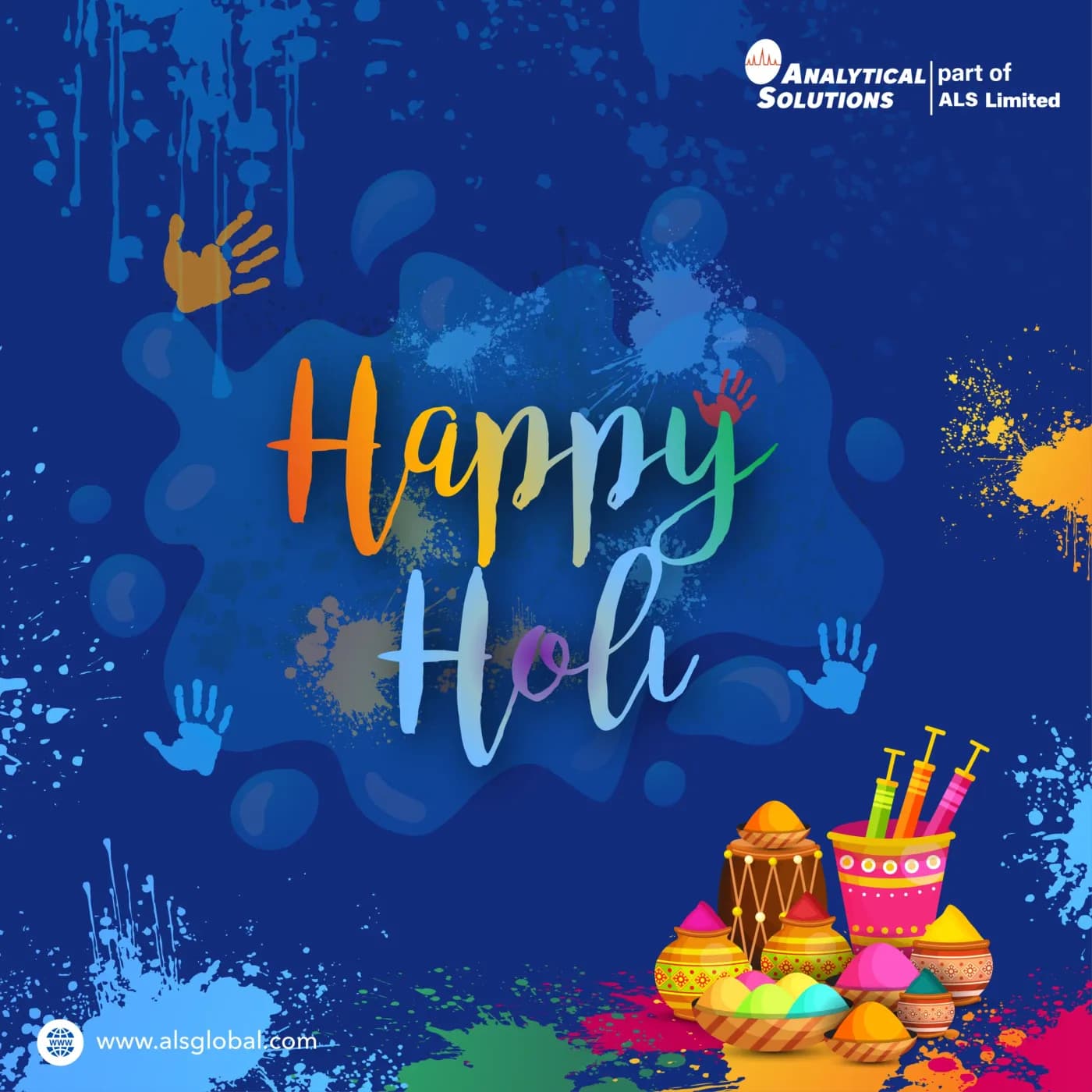 ALS Global Happy Holi greeting with colourful paint splashes