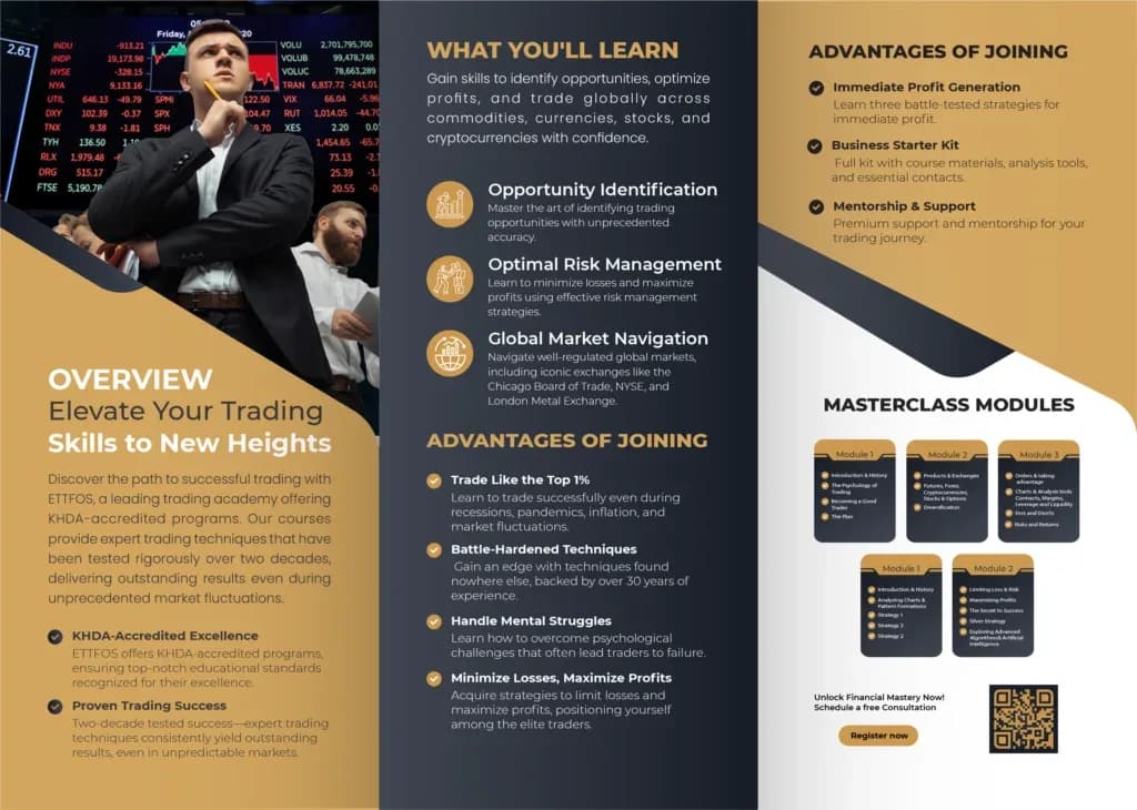 ETTFOS brochure inner panels: overview, what you will learn and masterclass modules