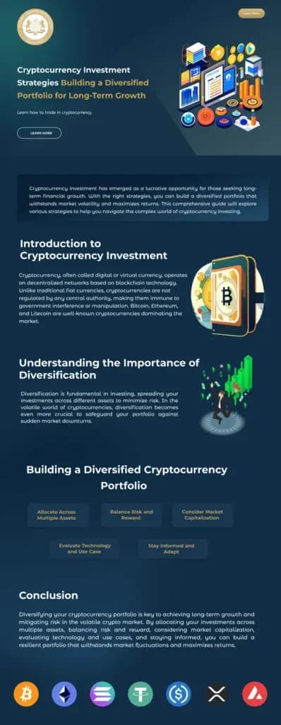 Full-length landing page on cryptocurrency investment strategies with a dark blue theme