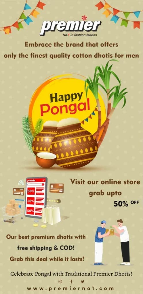 Premier Happy Pongal story promoting up to 50% off dhotis online