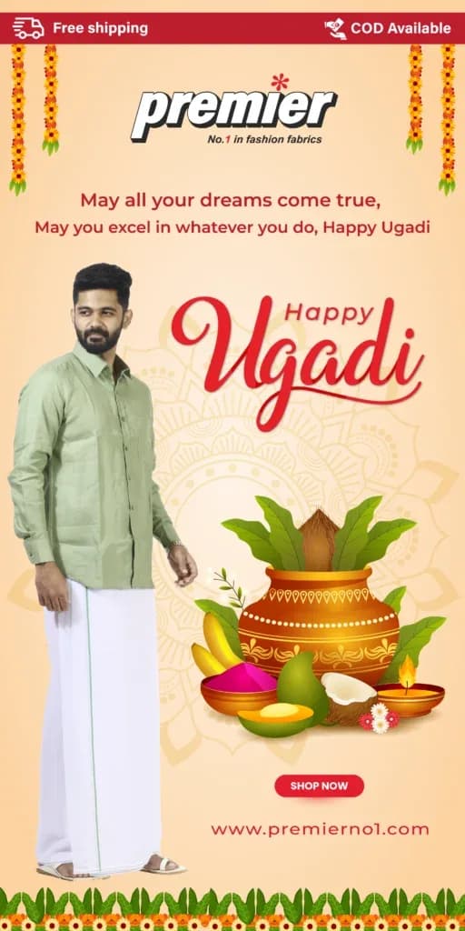 Premier Happy Ugadi story with a festive pot and free shipping and COD strip
