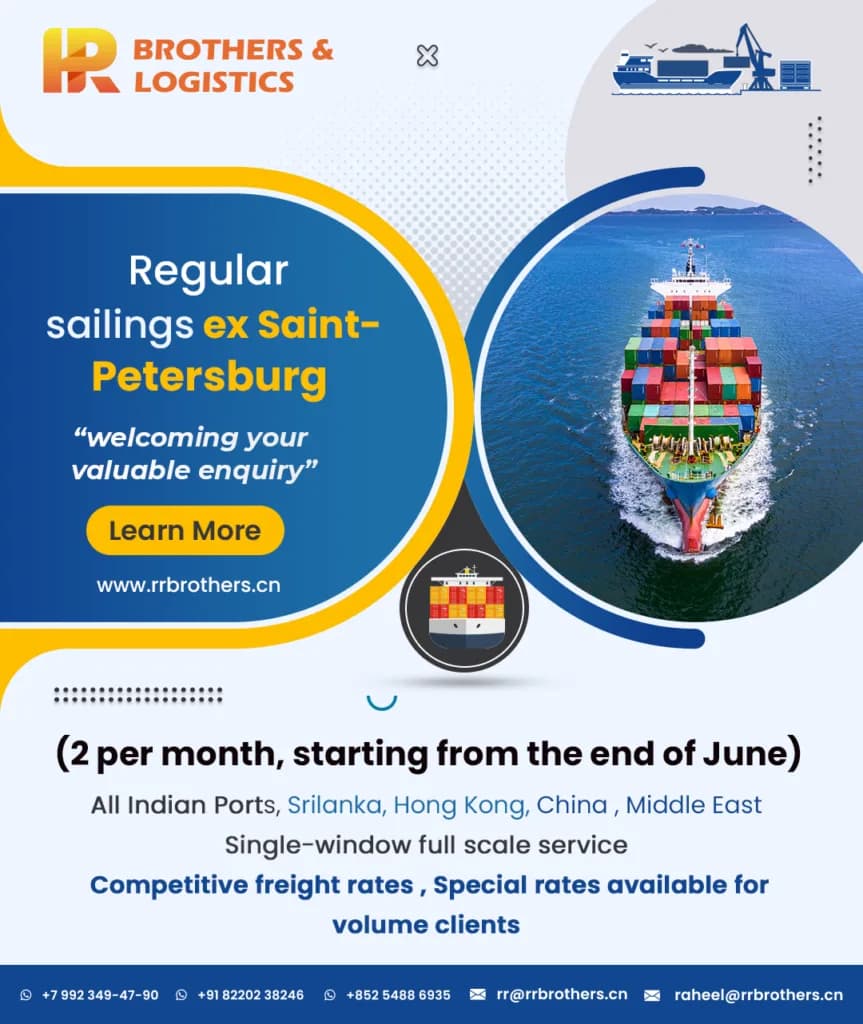 RR Brothers post: regular sailings ex Saint Petersburg on a blue background