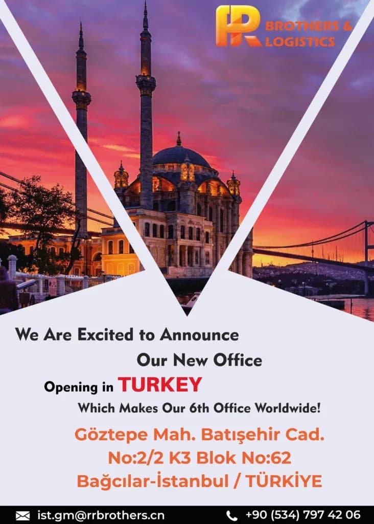 RR Brothers Turkey office announcement with a sunset mosque and bridge