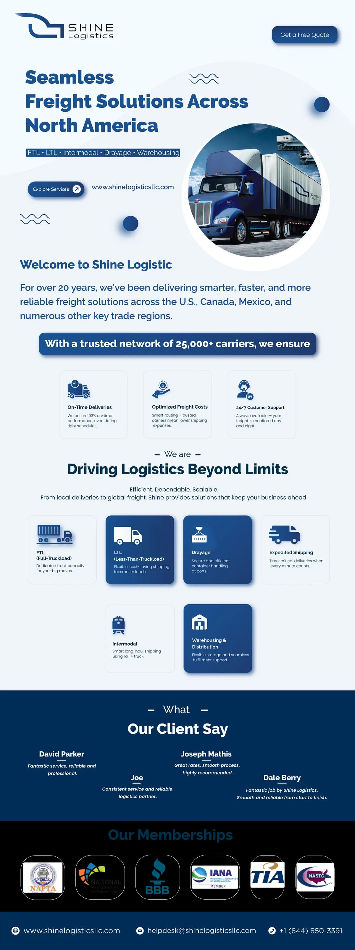 Long Shenglong promotional layout titled Seamless Freight Solutions Across North America