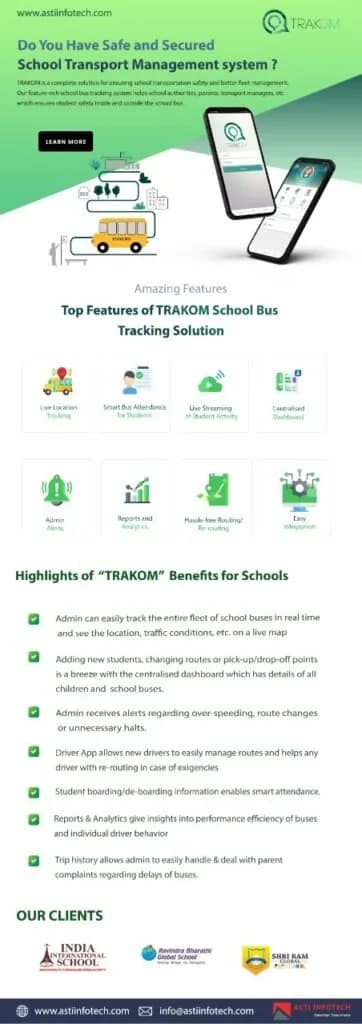 TRAKOM landing page highlighting top features and school benefits