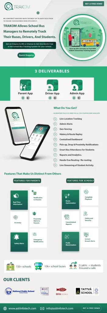 TRAKOM landing page with three deliverables and feature grids