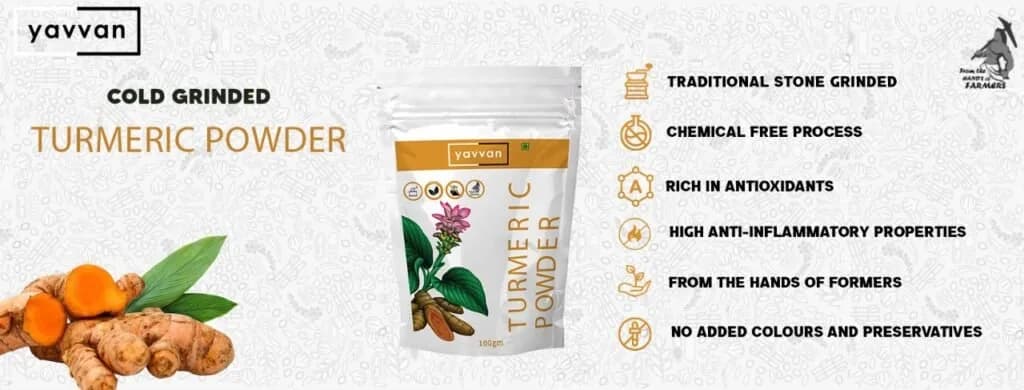 Yavvan cold-ground turmeric powder banner listing its benefits