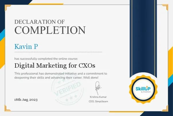 Certificate: Digital Marketing for CXOs, Simplilearn SkillUP