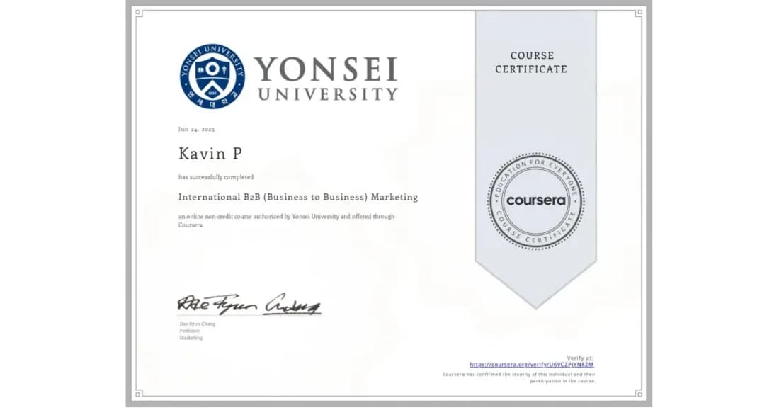 Certificate: International B2B (Business to Business) Marketing, Yonsei University (Coursera)