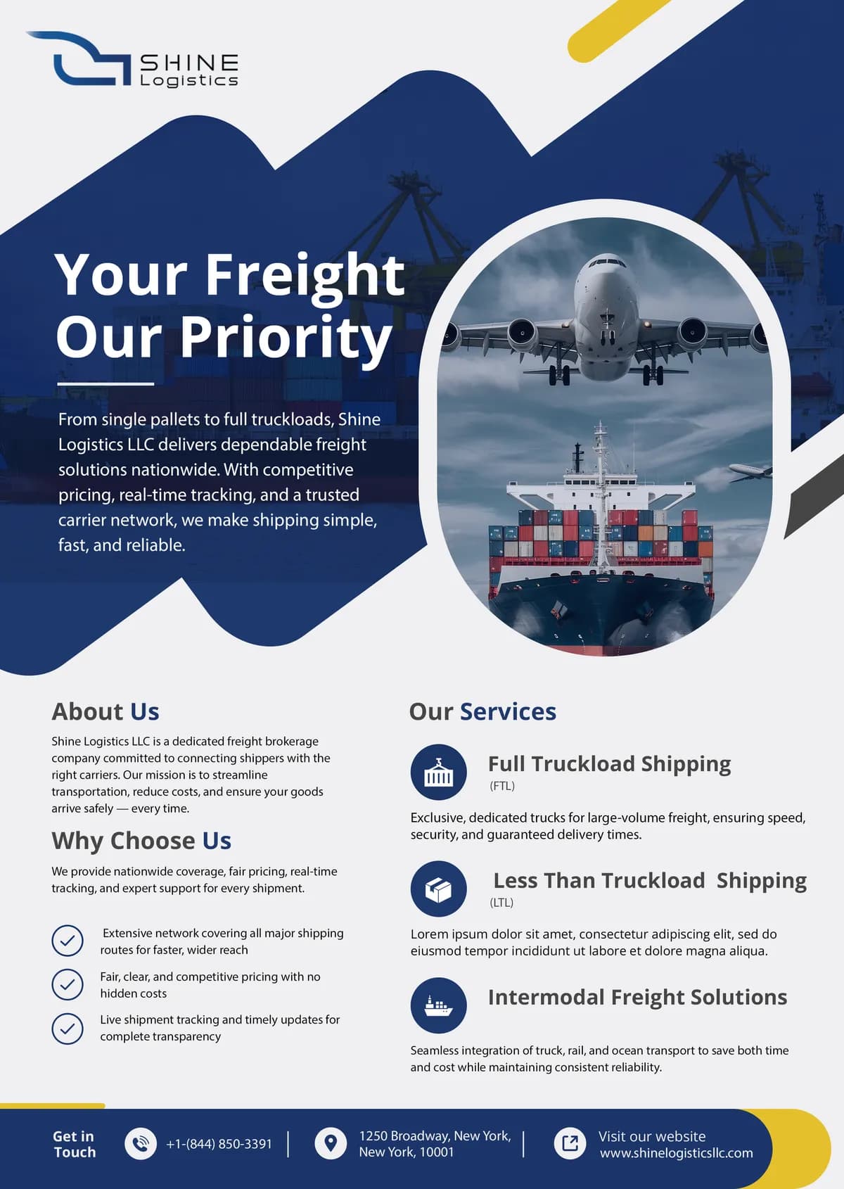 Shine Logistics flyer: Your Freight Our Priority, with an aircraft and ship