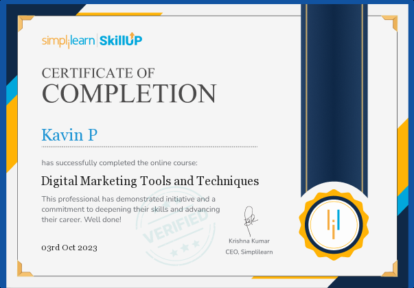 Kavin's Certification​ (Digital Marketing Tools and Techniques)