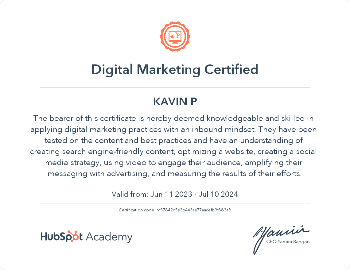 Kavin's Certification​